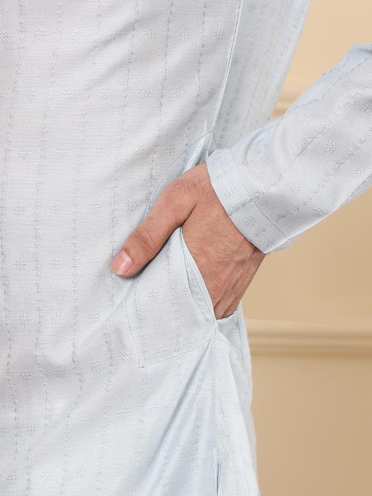 Men's Light Blue Rayon Silk Straight Viscose Silk kurta with Textured Effect ,Cream solid trouser style churidar | SHOBITAM