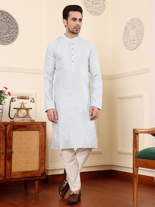 Men's Light Blue Rayon Silk Straight Viscose Silk kurta with Textured Effect ,Cream solid trouser style churidar | SHOBITAM