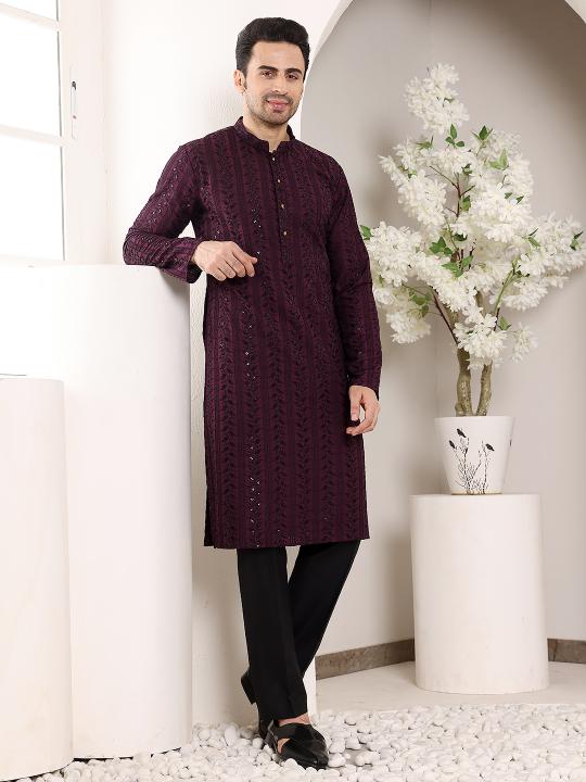 Men's Purple Straight Viscose Silk Kurta with Embroidered Neckline and Motifs,Black solid trouser style churidar| SHOBITAM