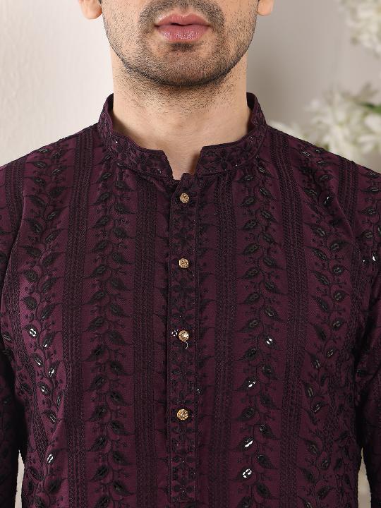 Men's Purple Straight Viscose Silk Kurta with Embroidered Neckline and Motifs,Black solid trouser style churidar| SHOBITAM