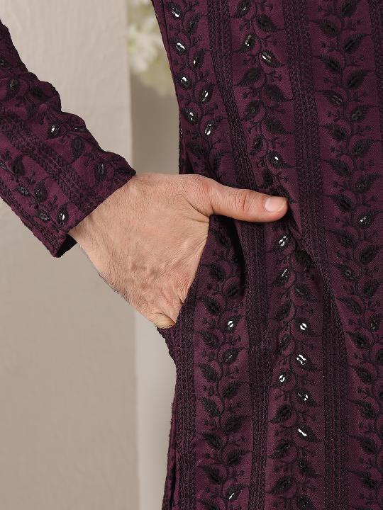 Men's Purple Straight Viscose Silk Kurta with Embroidered Neckline and Motifs,Black solid trouser style churidar| SHOBITAM