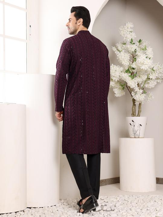 Men's Purple Straight Viscose Silk Kurta with Embroidered Neckline and Motifs,Black solid trouser style churidar| SHOBITAM