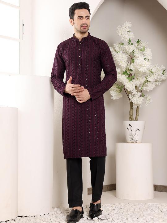 Men's Purple Straight Viscose Silk Kurta with Embroidered Neckline and Motifs,Black solid trouser style churidar| SHOBITAM