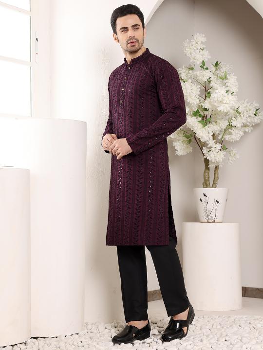 Men's Purple Straight Viscose Silk Kurta with Embroidered Neckline and Motifs,Black solid trouser style churidar| SHOBITAM