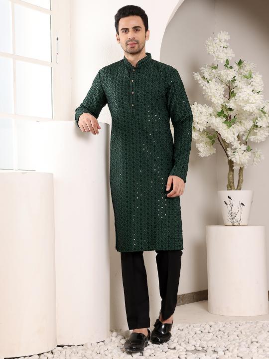 Men's Dark Green Straight Viscose Silk Kurta with Embroidered Neckline and Motifs,Black solid trouser style churidar | SHOBITAM