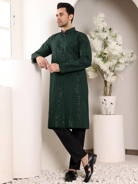 Men's Dark Green Straight Viscose Silk Kurta with Embroidered Neckline and Motifs,Black solid trouser style churidar | SHOBITAM
