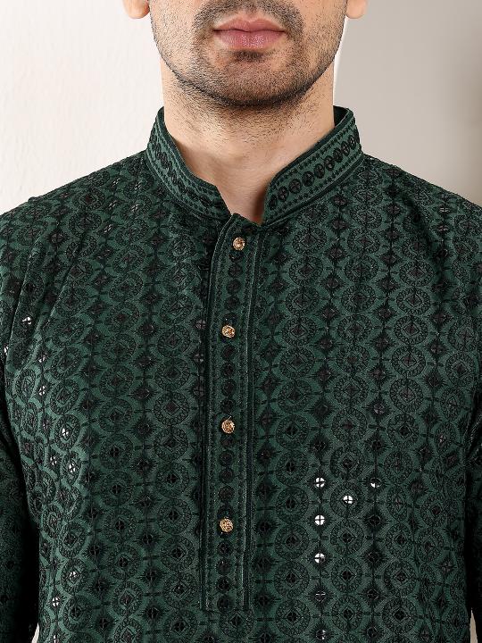 Men's Dark Green Straight Viscose Silk Kurta with Embroidered Neckline and Motifs,Black solid trouser style churidar | SHOBITAM