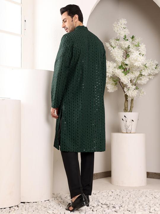 Men's Dark Green Straight Viscose Silk Kurta with Embroidered Neckline and Motifs,Black solid trouser style churidar | SHOBITAM