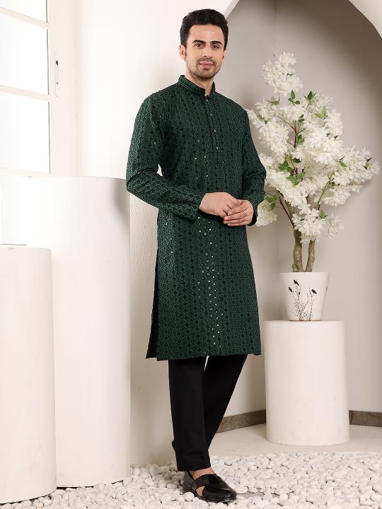 Men's Dark Green Straight Viscose Silk Kurta with Embroidered Neckline and Motifs,Black solid trouser style churidar | SHOBITAM