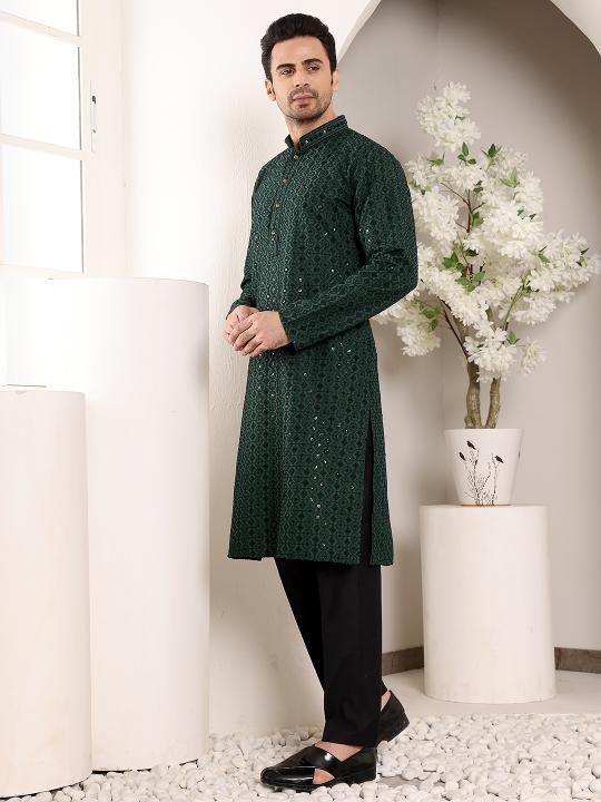 Men's Dark Green Straight Viscose Silk Kurta with Embroidered Neckline and Motifs,Black solid trouser style churidar | SHOBITAM