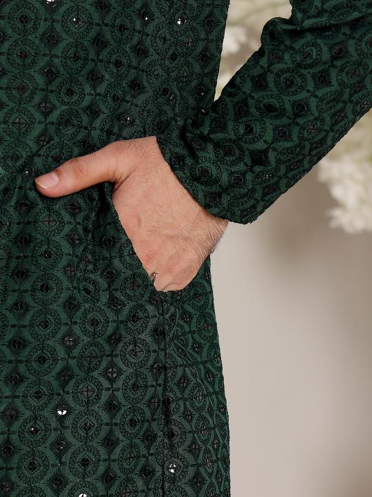 Men's Dark Green Straight Viscose Silk Kurta with Embroidered Neckline and Motifs,Black solid trouser style churidar | SHOBITAM