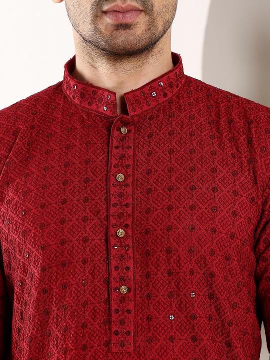 Men's Red Straight Viscose Silk Kurta with Embroidered Neckline and Motifs,Black solid trouser style churidar  | SHOBITAM
