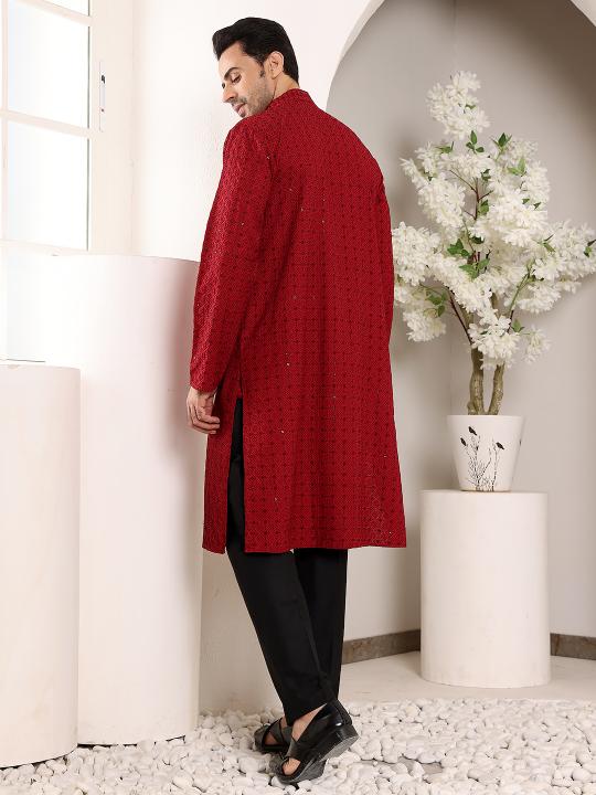 Men's Red Straight Viscose Silk Kurta with Embroidered Neckline and Motifs,Black solid trouser style churidar  | SHOBITAM