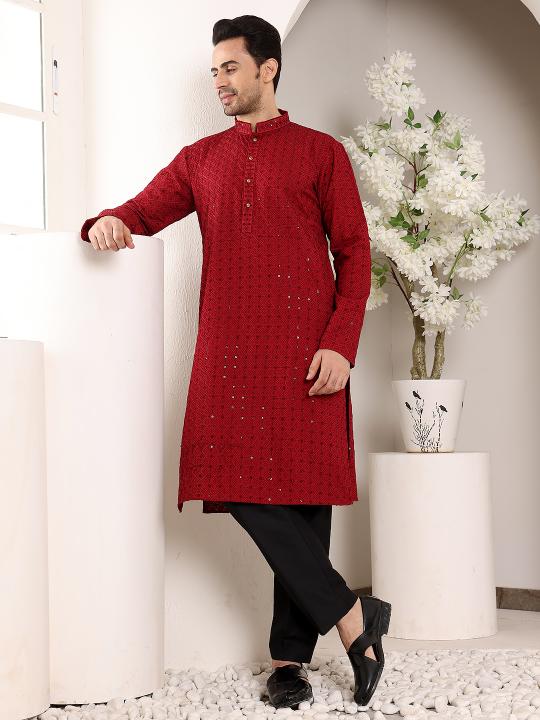Men's Red Straight Viscose Silk Kurta with Embroidered Neckline and Motifs,Black solid trouser style churidar  | SHOBITAM