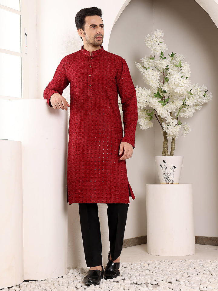 Men's Red Straight Viscose Silk Kurta with Embroidered Neckline and Motifs,Black solid trouser style churidar  | SHOBITAM