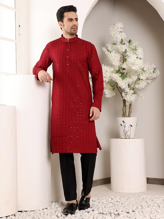 Men's Red Straight Viscose Silk Kurta with Embroidered Neckline and Motifs,Black solid trouser style churidar  | SHOBITAM
