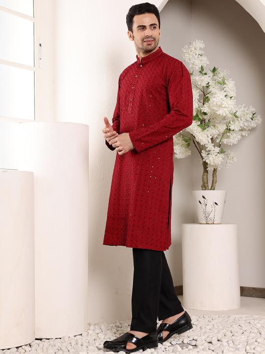 Men's Red Straight Viscose Silk Kurta with Embroidered Neckline and Motifs,Black solid trouser style churidar  | SHOBITAM
