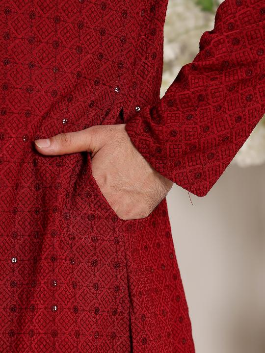 Men's Red Straight Viscose Silk Kurta with Embroidered Neckline and Motifs,Black solid trouser style churidar  | SHOBITAM