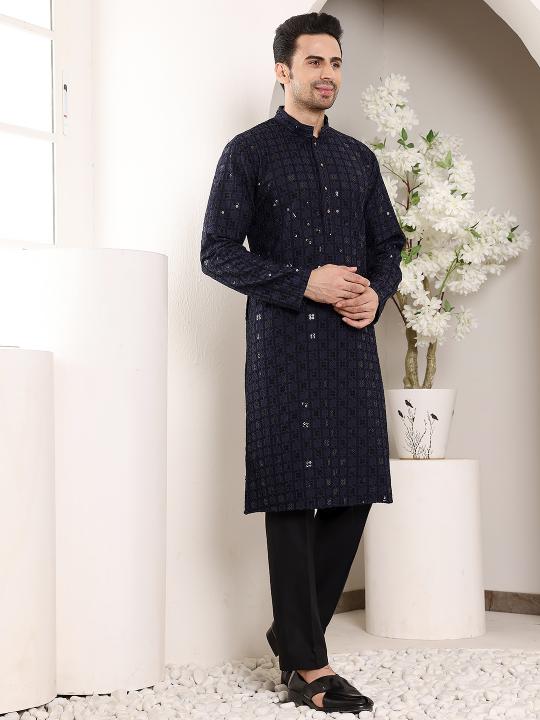 Men's Black Straight Viscose Silk Kurta with Embroidered Neckline and Motifs,Black solid trouser style churidar  | SHOBITAM