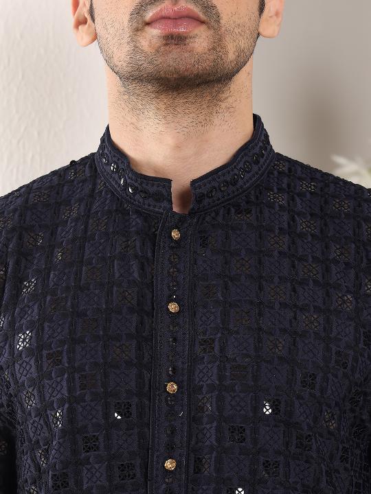 Men's Black Straight Viscose Silk Kurta with Embroidered Neckline and Motifs,Black solid trouser style churidar  | SHOBITAM