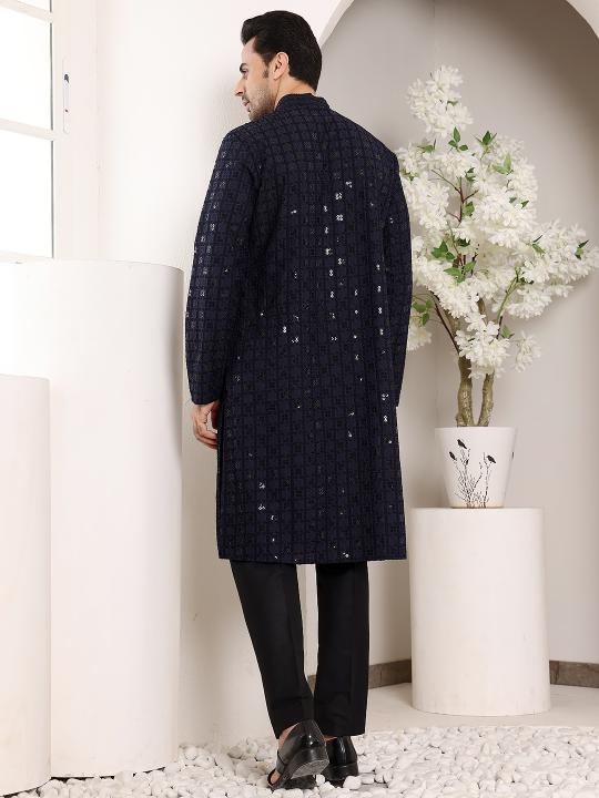 Men's Black Straight Viscose Silk Kurta with Embroidered Neckline and Motifs,Black solid trouser style churidar  | SHOBITAM