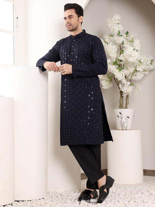 Men's Black Straight Viscose Silk Kurta with Embroidered Neckline and Motifs,Black solid trouser style churidar  | SHOBITAM
