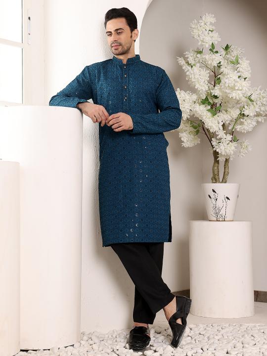 Men's Blue Straight Viscose Silk Kurta with Embroidered Neckline and Motifs,Black solid trouser style churidar | SHOBITAM