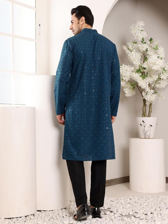 Men's Blue Straight Viscose Silk Kurta with Embroidered Neckline and Motifs,Black solid trouser style churidar | SHOBITAM