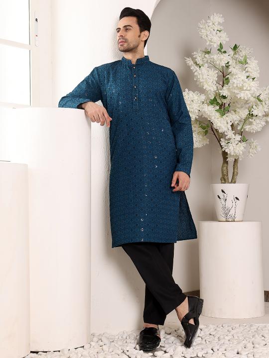 Men's Blue Straight Viscose Silk Kurta with Embroidered Neckline and Motifs,Black solid trouser style churidar | SHOBITAM