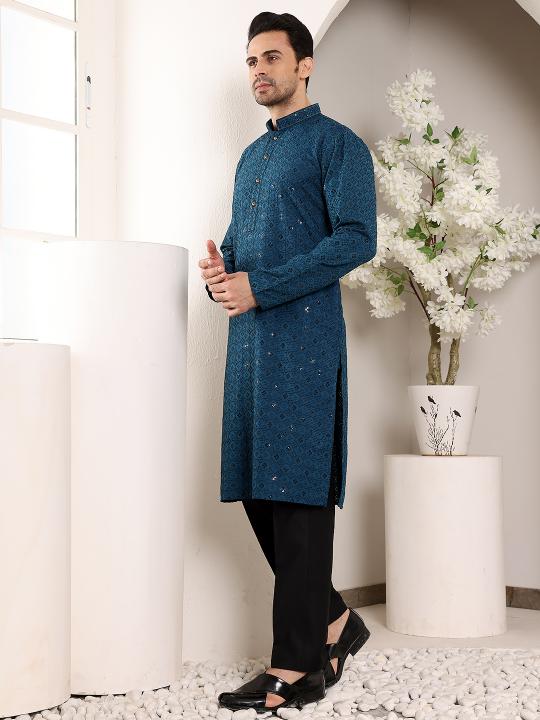 Men's Blue Straight Viscose Silk Kurta with Embroidered Neckline and Motifs,Black solid trouser style churidar | SHOBITAM