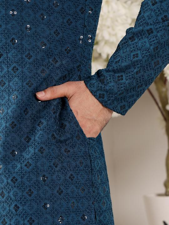 Men's Blue Straight Viscose Silk Kurta with Embroidered Neckline and Motifs,Black solid trouser style churidar | SHOBITAM