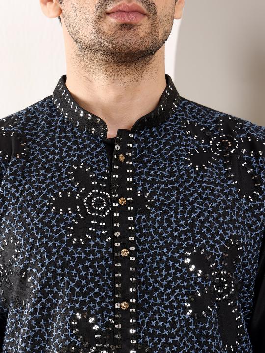 Men's Blue Straight Rayon Silk Kurta with Embroidered Neckline and Motifs,Black solid Trouser style churidar   | SHOBITAM