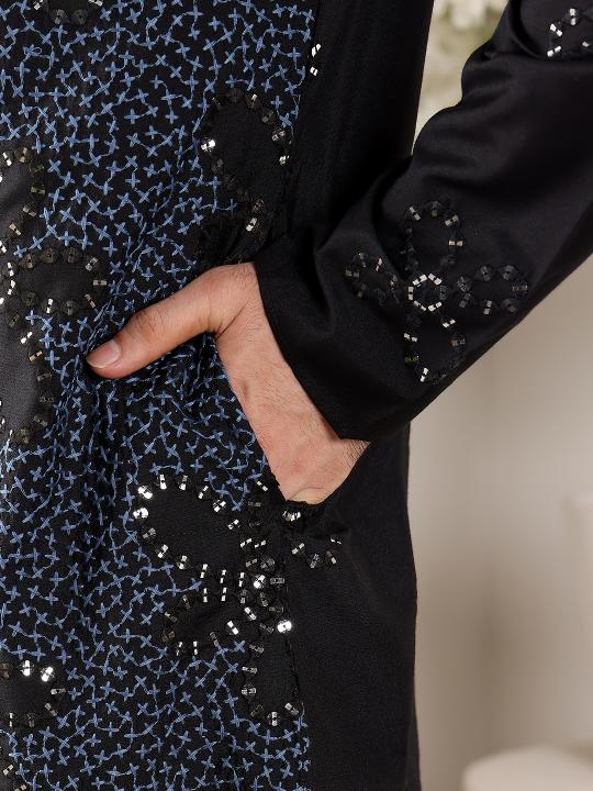 Men's Blue Straight Rayon Silk Kurta with Embroidered Neckline and Motifs,Black solid Trouser style churidar   | SHOBITAM