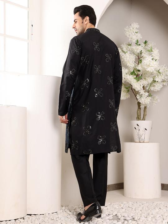 Men's Blue Straight Rayon Silk Kurta with Embroidered Neckline and Motifs,Black solid Trouser style churidar   | SHOBITAM