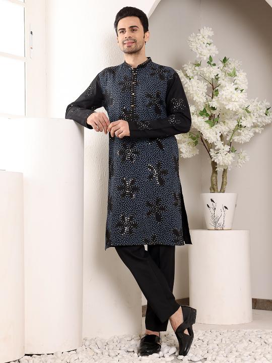 Men's Blue Straight Rayon Silk Kurta with Embroidered Neckline and Motifs,Black solid Trouser style churidar   | SHOBITAM