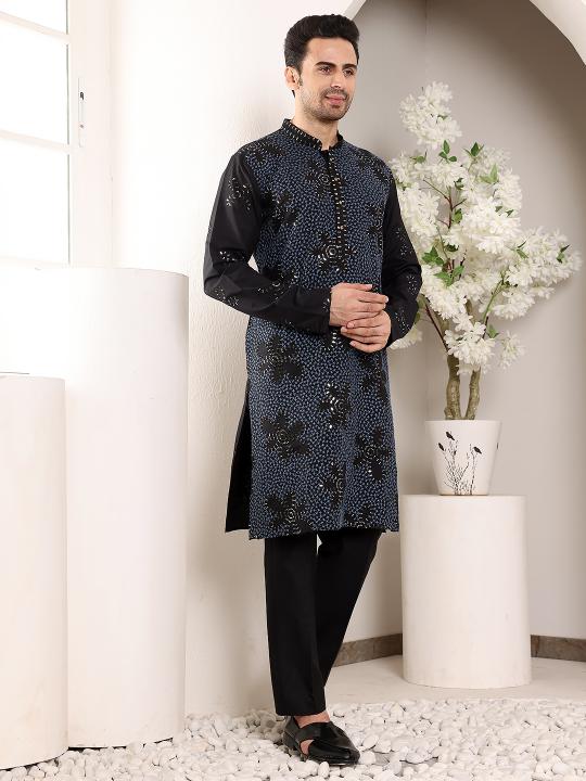 Men's Blue Straight Rayon Silk Kurta with Embroidered Neckline and Motifs,Black solid Trouser style churidar   | SHOBITAM