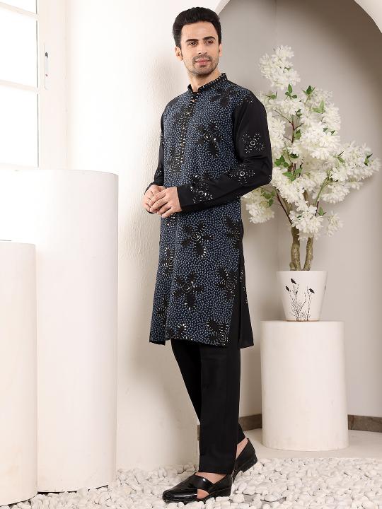 Men's Blue Straight Rayon Silk Kurta with Embroidered Neckline and Motifs,Black solid Trouser style churidar   | SHOBITAM