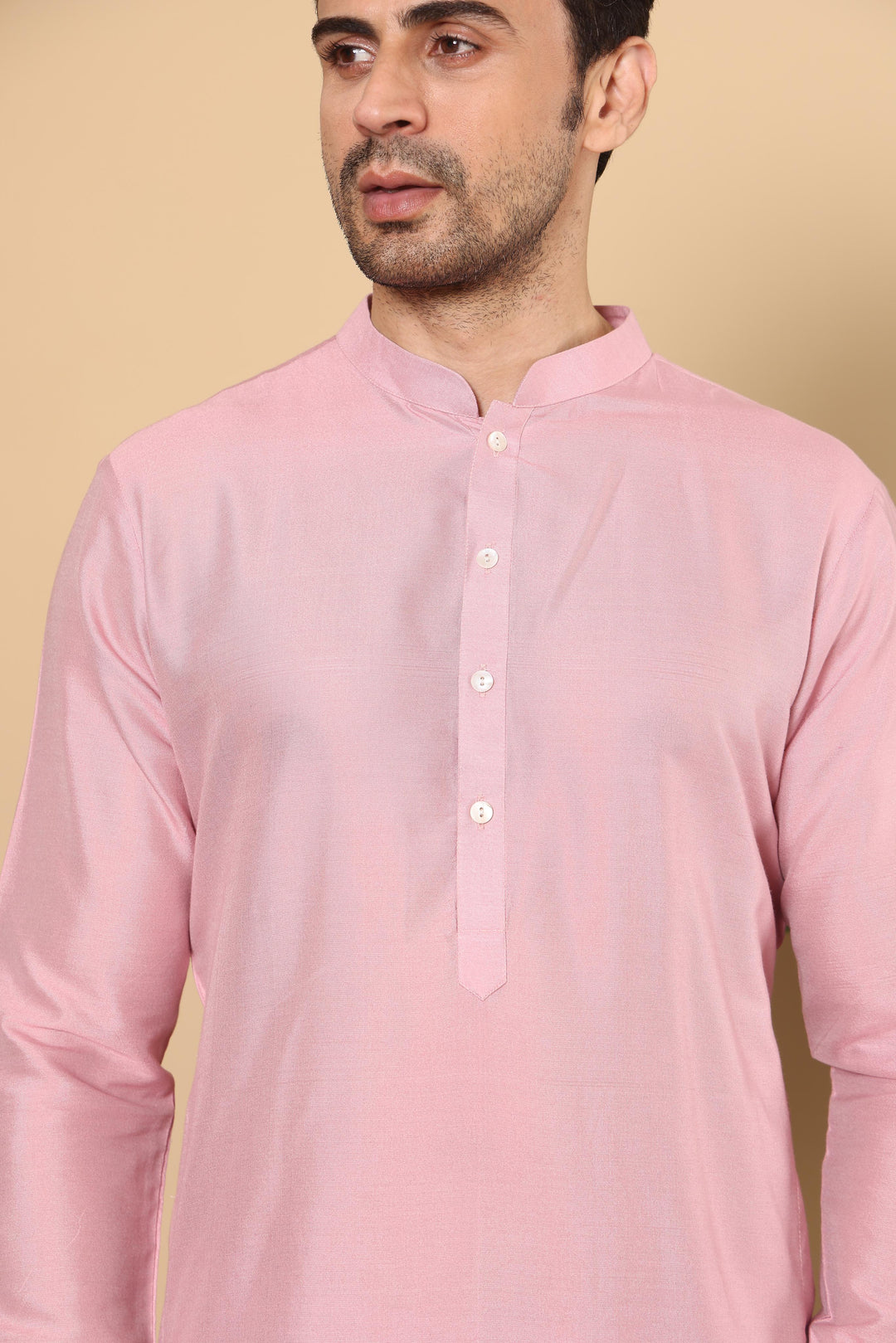 Men's Long Sleeve Mandarin Collar Pink Straight Viscose Silk Kurta with Slub Effect | SHOBITAM