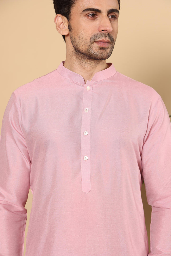 Men's Long Sleeve Mandarin Collar Pink Straight Viscose Silk Kurta with Slub Effect | SHOBITAM