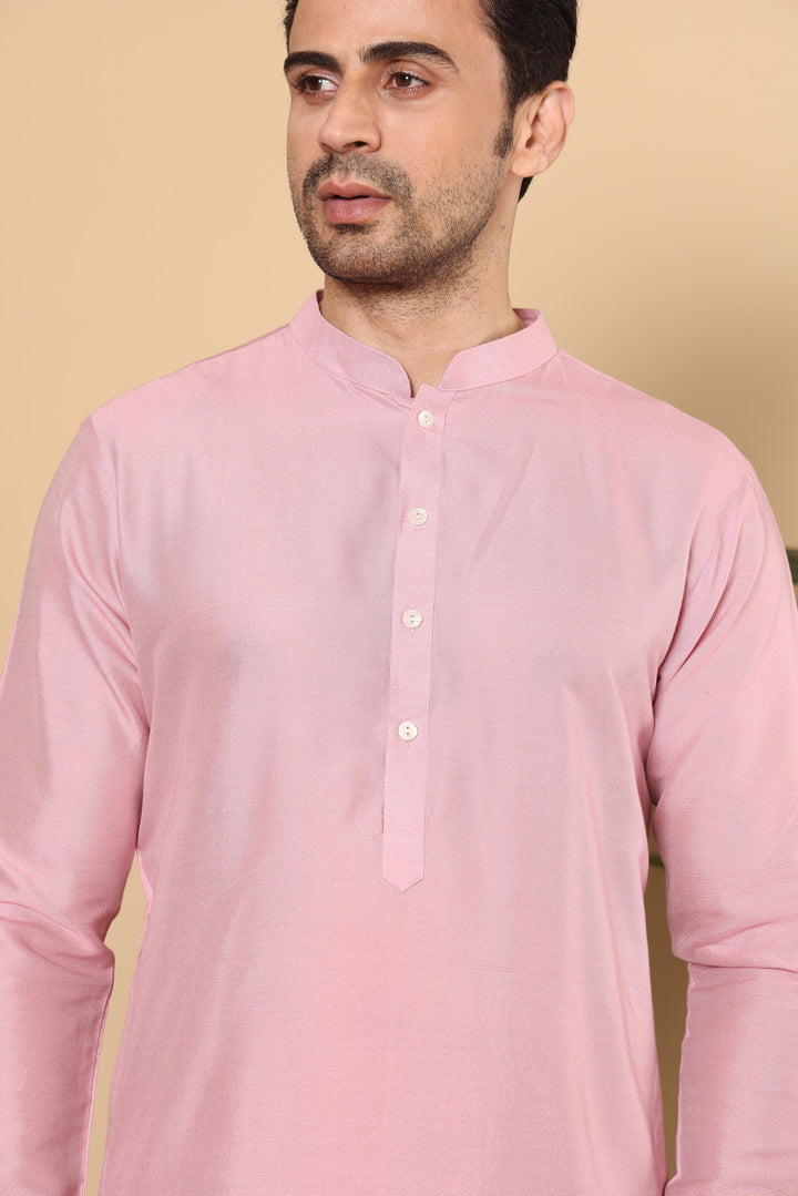 Men's Long Sleeve Mandarin Collar Pink Straight Viscose Silk Kurta with Slub Effect | SHOBITAM