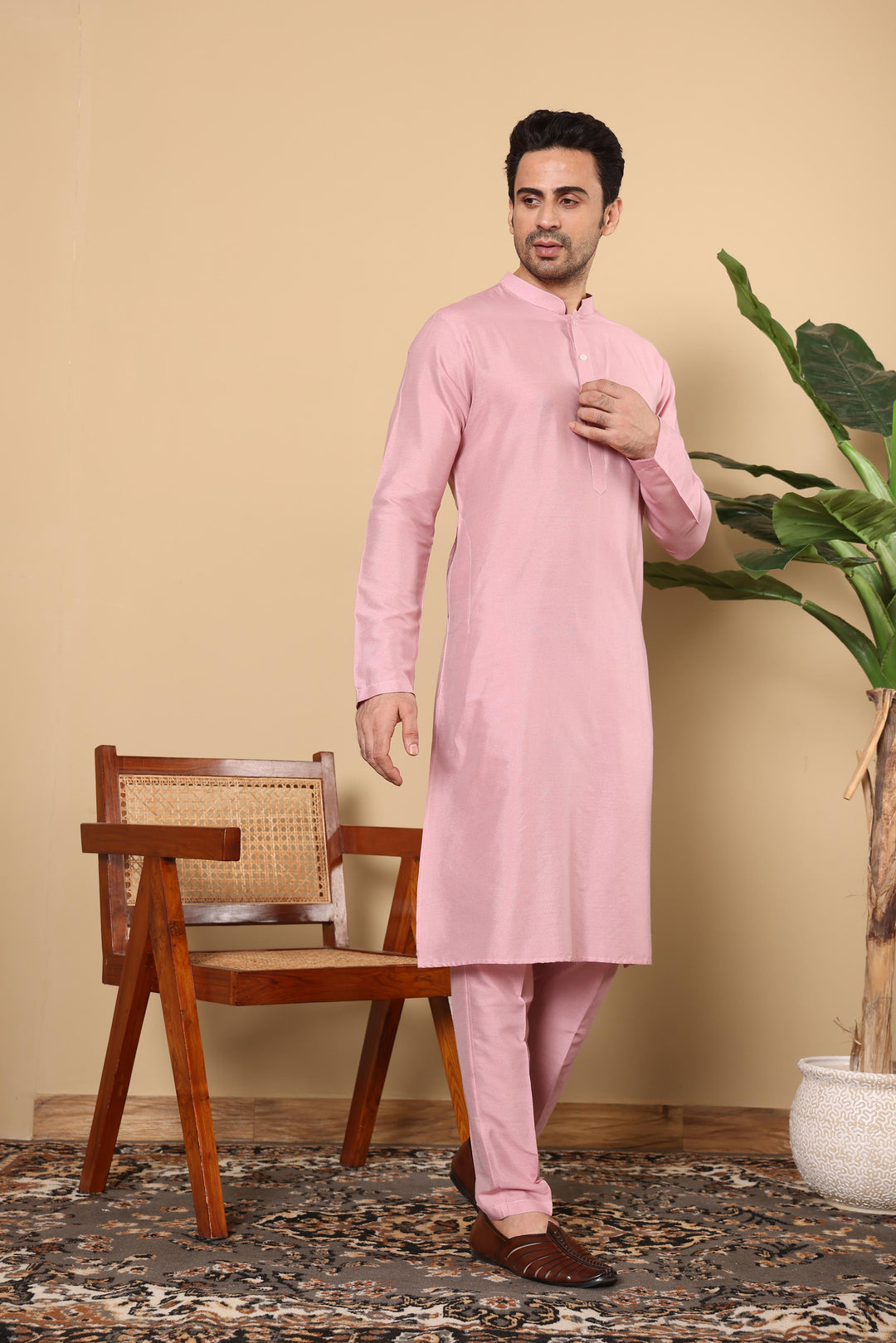 Men's Long Sleeve Pink Straight Viscose Silk Kurta with Slub Effect and Pick Solid Churidar  | SHOBITAM