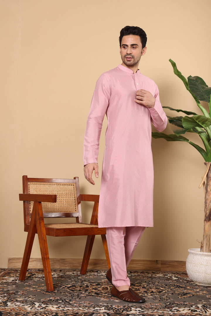 Men's Long Sleeve Pink Straight Viscose Silk Kurta with Slub Effect and Pick Solid Churidar  | SHOBITAM