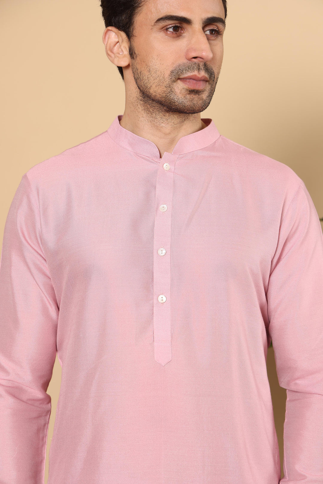 Men's Long Sleeve Pink Straight Viscose Silk Kurta with Slub Effect and Pick Solid Churidar  | SHOBITAM