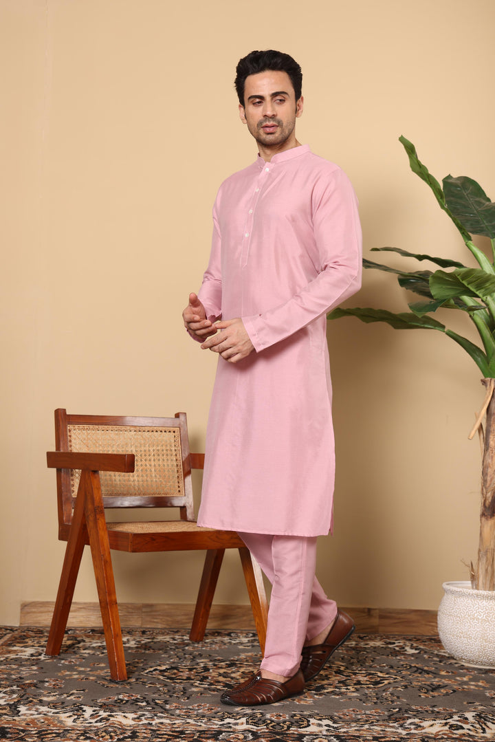Men's Long Sleeve Pink Straight Viscose Silk Kurta with Slub Effect and Pick Solid Churidar  | SHOBITAM