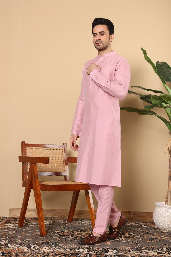 Men's Long Sleeve Pink Straight Viscose Silk Kurta with Slub Effect and Pick Solid Churidar  | SHOBITAM