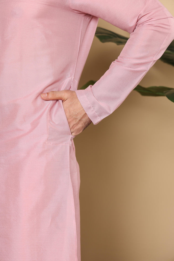 Men's Long Sleeve Pink Straight Viscose Silk Kurta with Slub Effect and Pick Solid Churidar  | SHOBITAM