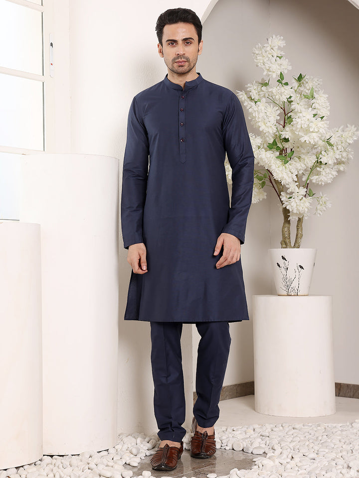 Men's Long Sleeve Mandarin Collar Black Straight Viscose Silk Kurta with Slub Effect | SHOBITAM