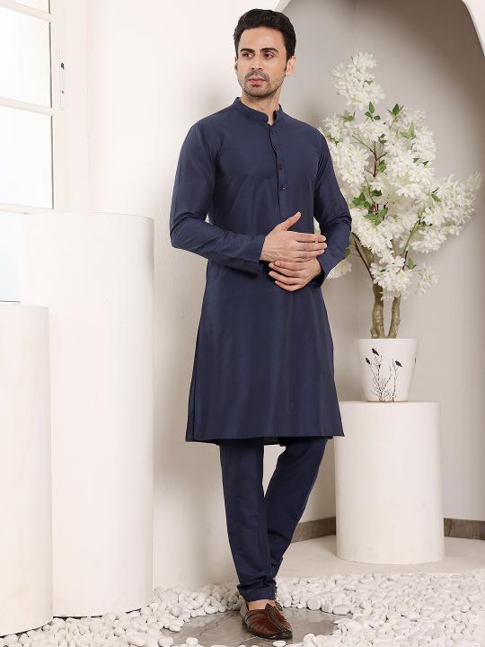 Men's Long Sleeve Elegant Black Straight Viscose Silk Kurta with Embroidery and Black Solid Churidar | SHOBITAM