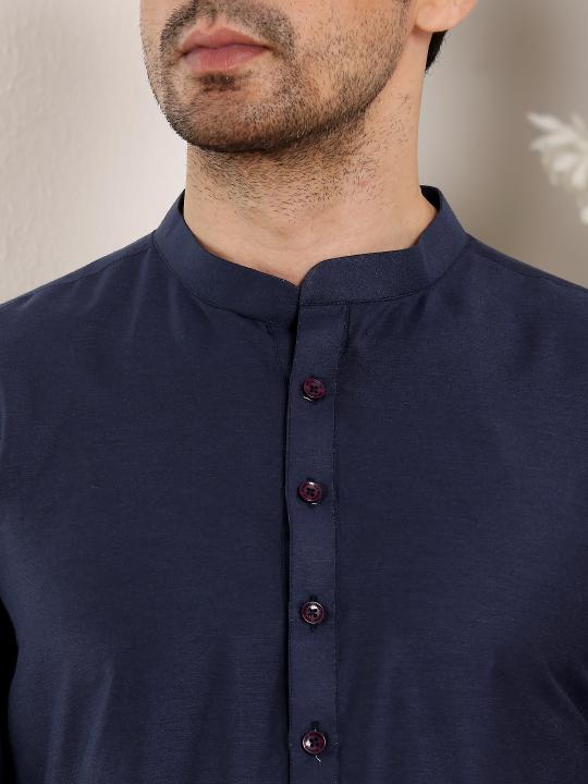 Men's Long Sleeve Elegant Black Straight Viscose Silk Kurta with Embroidery and Black Solid Churidar | SHOBITAM