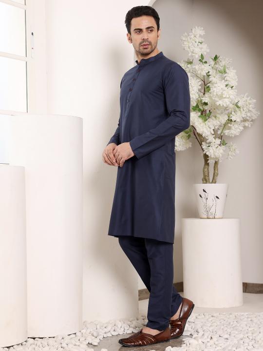 Men's Long Sleeve Elegant Black Straight Viscose Silk Kurta with Embroidery and Black Solid Churidar | SHOBITAM